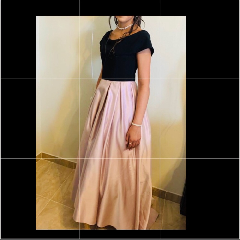 Black and rose gold long trail in back dress